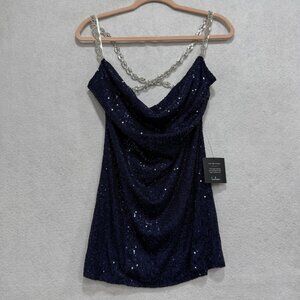Lulus Dress Womens Medium Navy Blue Sequin Mini Party Dress Silver Chain Straps